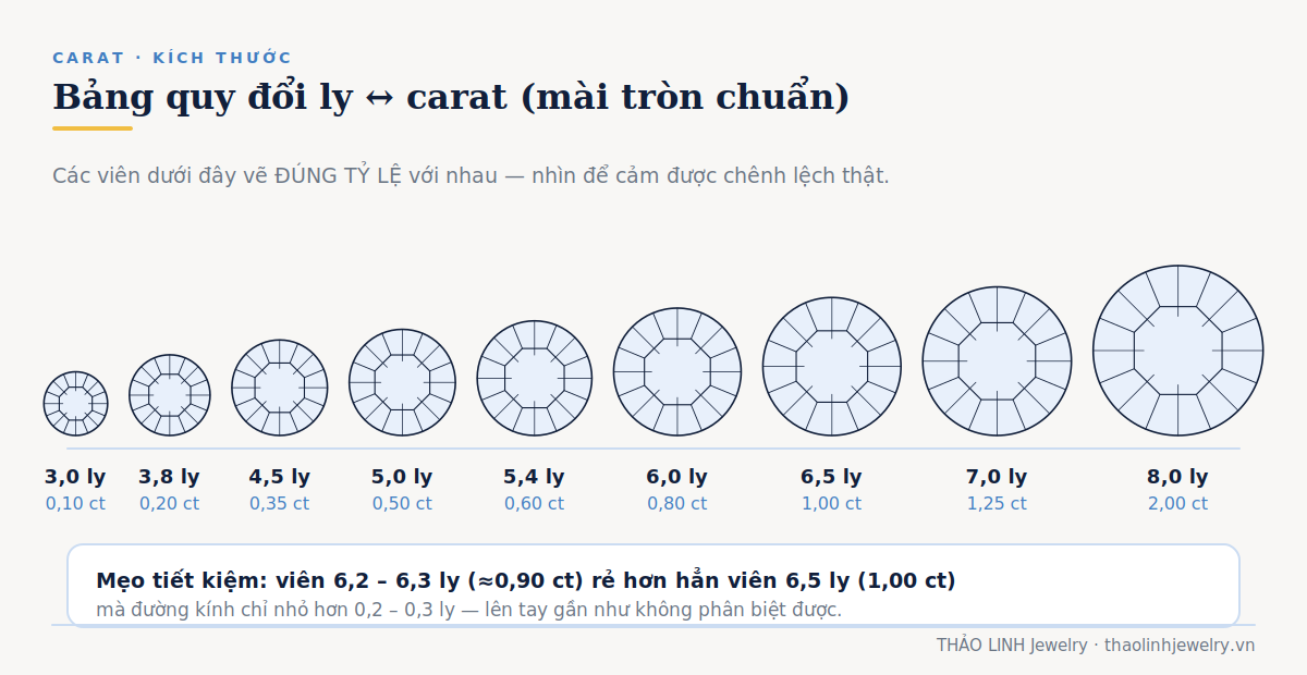 Bảng quy đổi ly sang carat cho kim cương tròn, các viên vẽ đúng tỷ lệ với nhau từ 3 ly đến 8 ly
