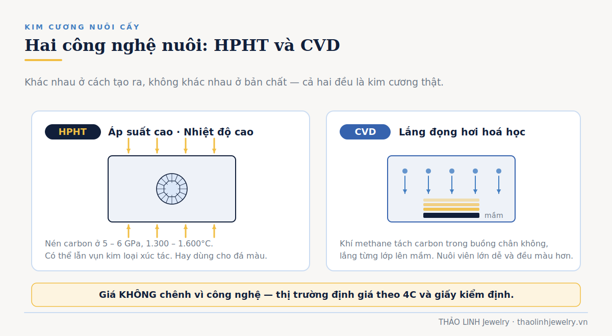 So sánh công nghệ nuôi kim cương HPHT và CVD