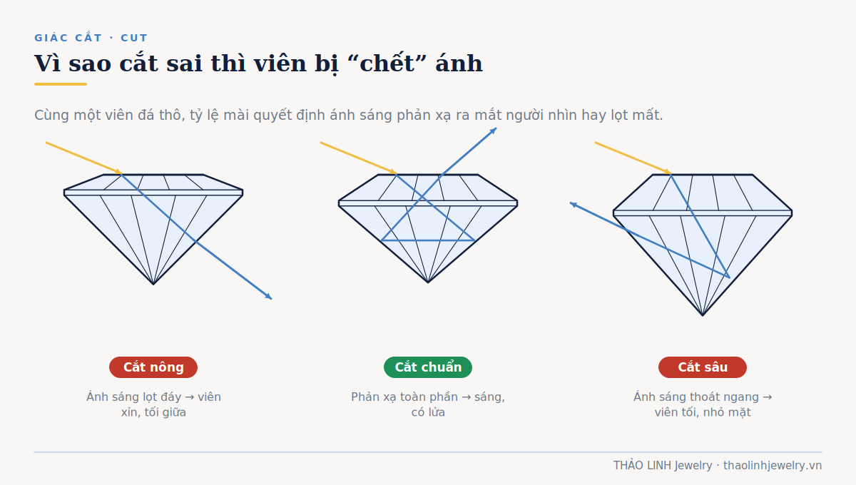 So sánh đường đi ánh sáng trong viên kim cương cắt nông, cắt chuẩn và cắt sâu