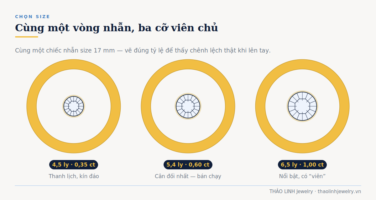 So sánh viên kim cương 4,5 ly, 5,4 ly và 6,5 ly trên cùng một vòng nhẫn size 17mm, vẽ đúng tỷ lệ