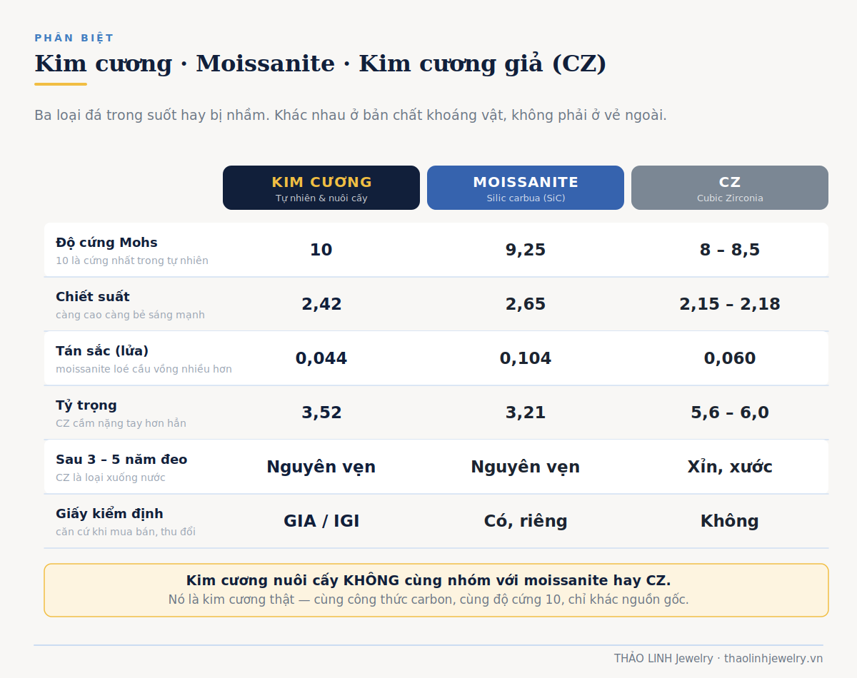 Bảng so sánh kim cương, moissanite và CZ về độ cứng Mohs, chiết suất, tán sắc, tỷ trọng và độ bền